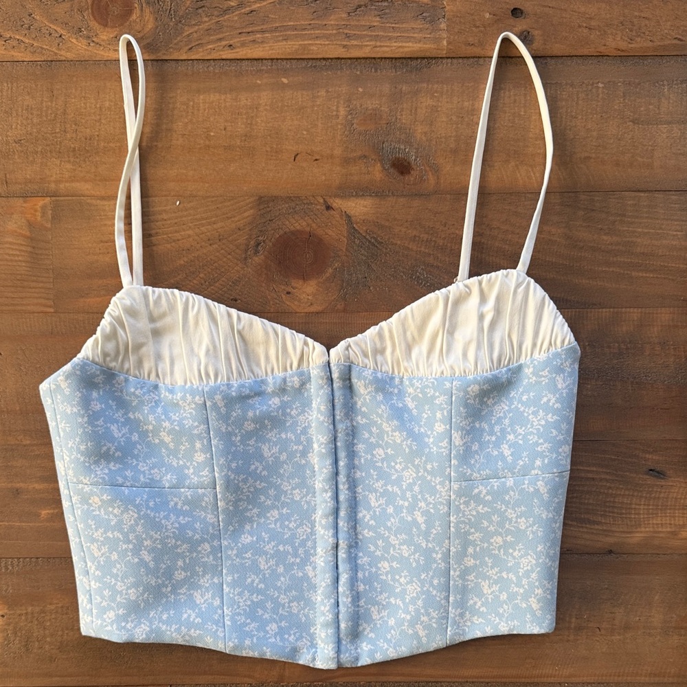 Rumored Blue and White Floral Bustier Top